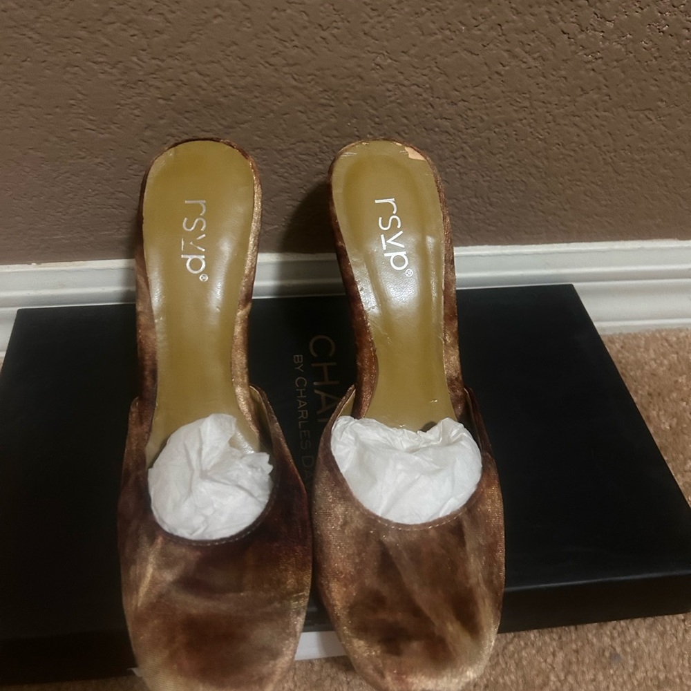 RSVP Brown Fuzzy Mules with Pom-Pom Accent